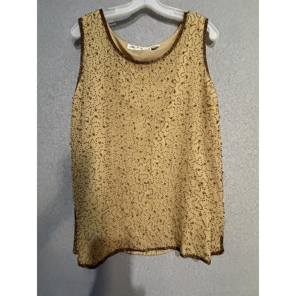 Scala Tank Top Womens XL Gold Beaded Silk Scoop Neck Lined Camisole Party‎